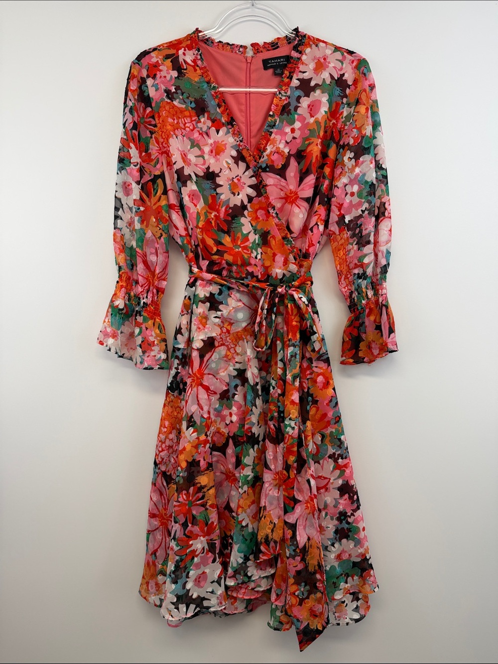 Tahari Arthur S. Levine Pink Multi Floral Faux Wrap Midi Dress Size 12 - Picture 3 of 10